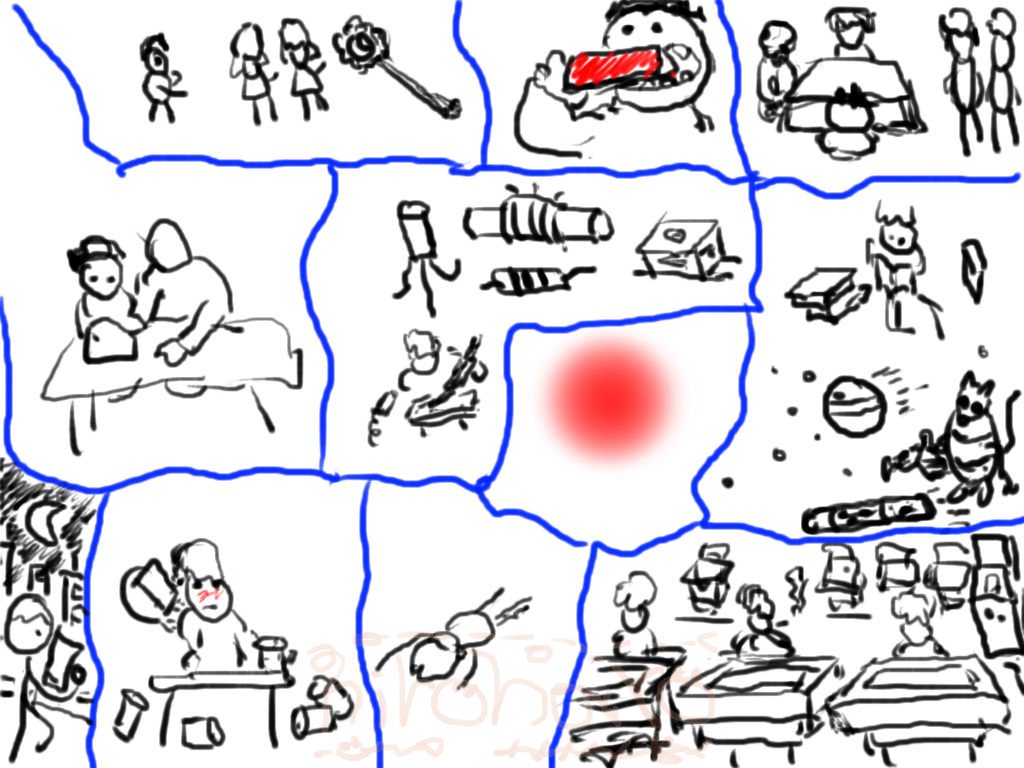 その時点までの人生を思い返している絵。仕事、ゲームで遊ぶ、親、友といる、一人で落ち込んでダウンしている、など、様々な人生の一コマの絵
