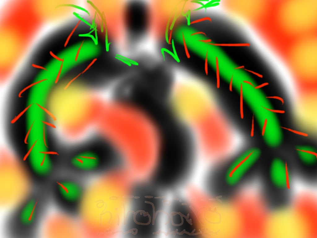 中期のフォーカシング絵。体と、体の中の神経系をイメージ。