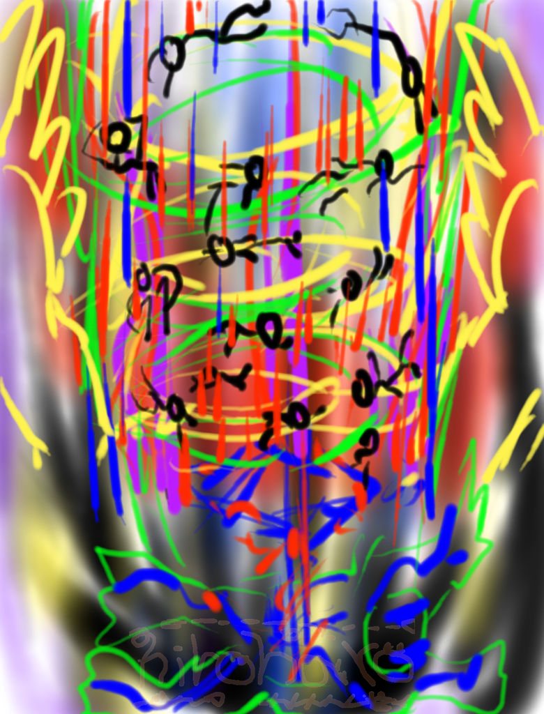 後期のフォーカシング絵。体の中を、小さな人間が飛び回っている。