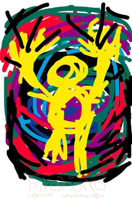 とにかく忙しなくてつらい感じだったので、それを絵にしてみました。やることが色々あって、しかも難しくて、急がなくちゃ、という気持ちと、やっても無駄なのでは？ みたいな気持ちと。自分が立っていて、周りをわしゃわしゃわしゃと何かが巡っていて、翻弄される感じでしょうか。